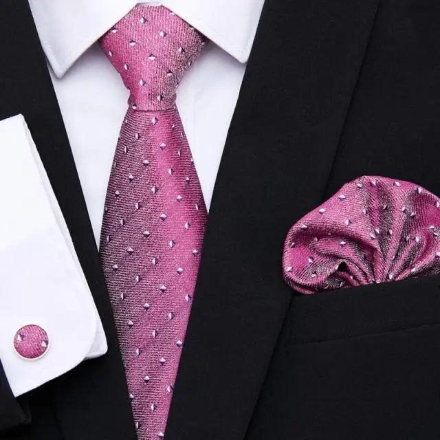Men Elegant Red Silk Tie Classic Necktie Cufflinks Set Business Necktie With Handkerchief Perfect Match With Wedding Suit