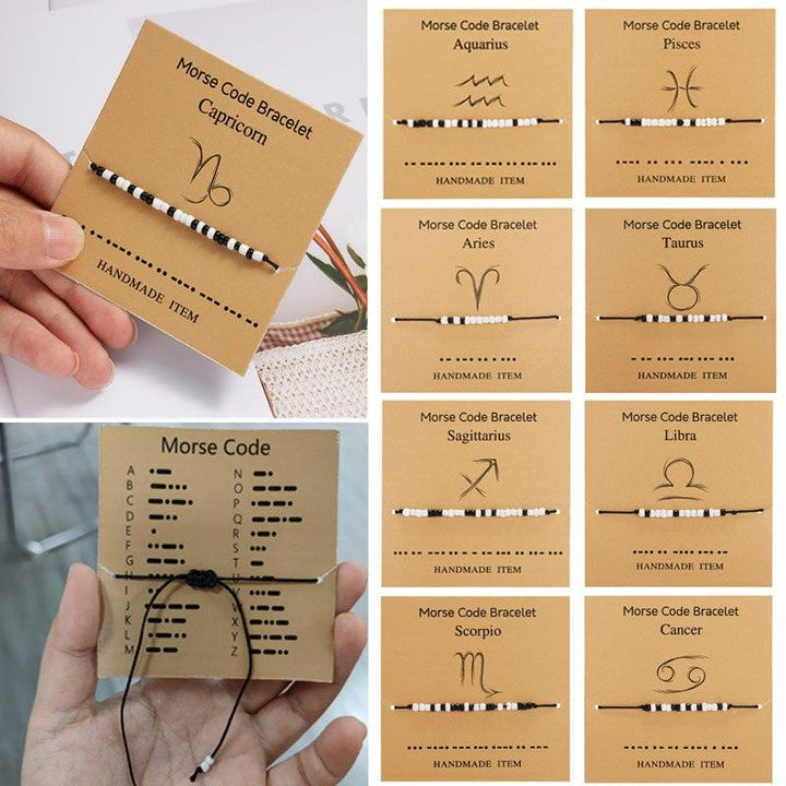 New Charm Bracelet For Women Men Twelve Zodiac Black White Rice Beads Adjustable Rope Chain Bracelet Natural Stone Beads Bracelet For Boyfriend Girlfriend Women