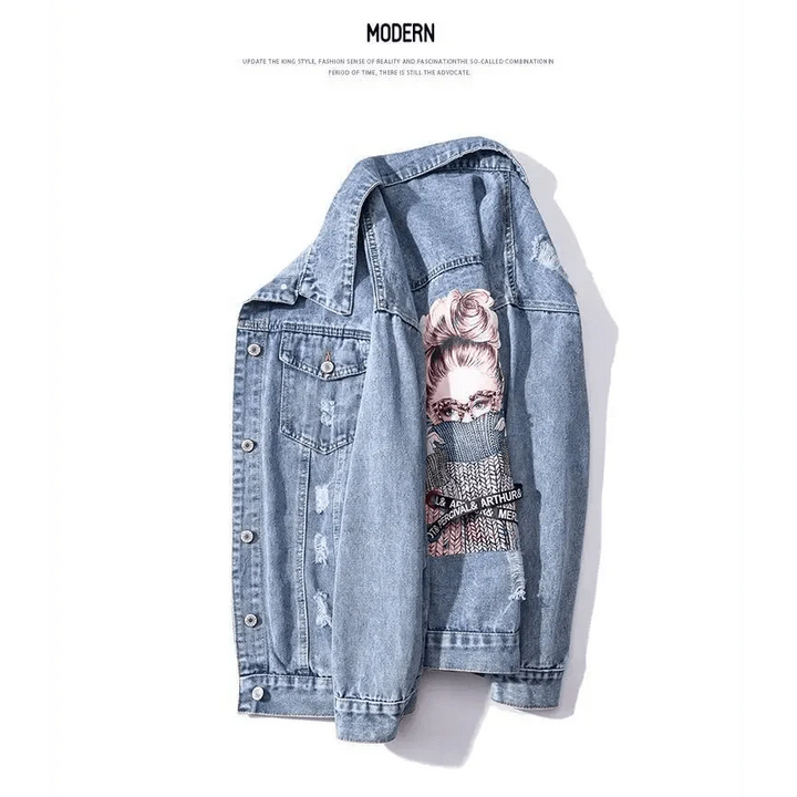 New Sizzling Women's Denim Jacket Fashionable Streetwear Letter Stylish Chic Printed Ripped Holes Jean Patchwork Jeans Female Coat