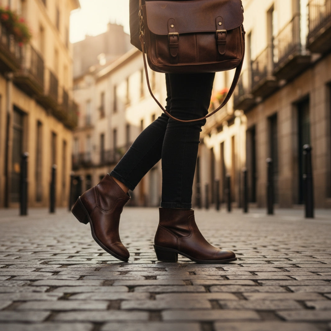 Person wearing brown leather boots and a dark bag on a cobblestone street.